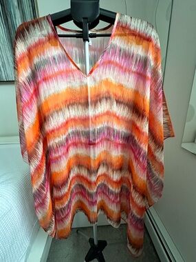 Vibrant Abstract Print Sheer Cover up V-Neck Blouse | Orange Pink Boho Tunic Top